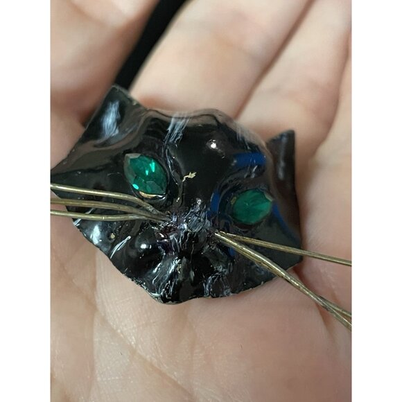 RARE Vintage Unsigned CORO CAT Head Fur Clip Rhinestone Eyes Black Cat - Picture 11 of 16
